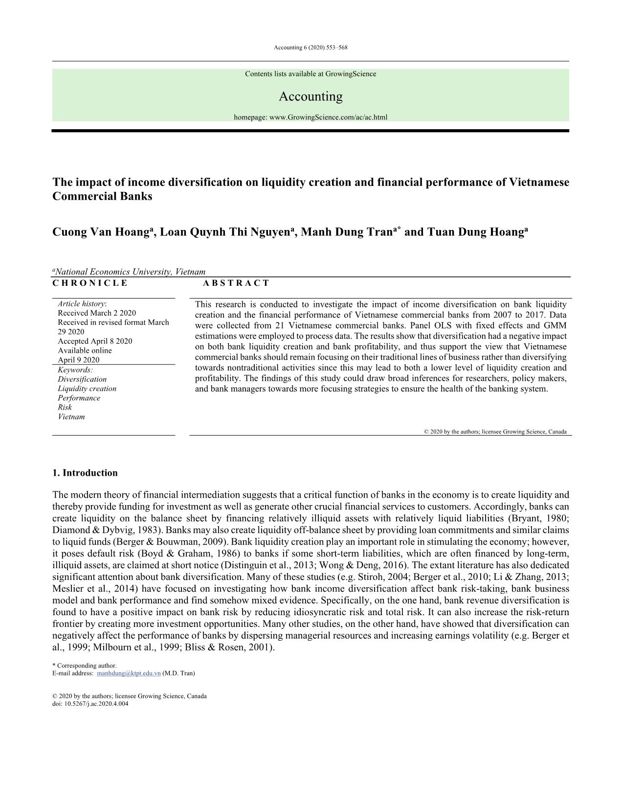 The impact of income diversification on liquidity creation and financial performance of Vietnamese Commercial Banks trang 1