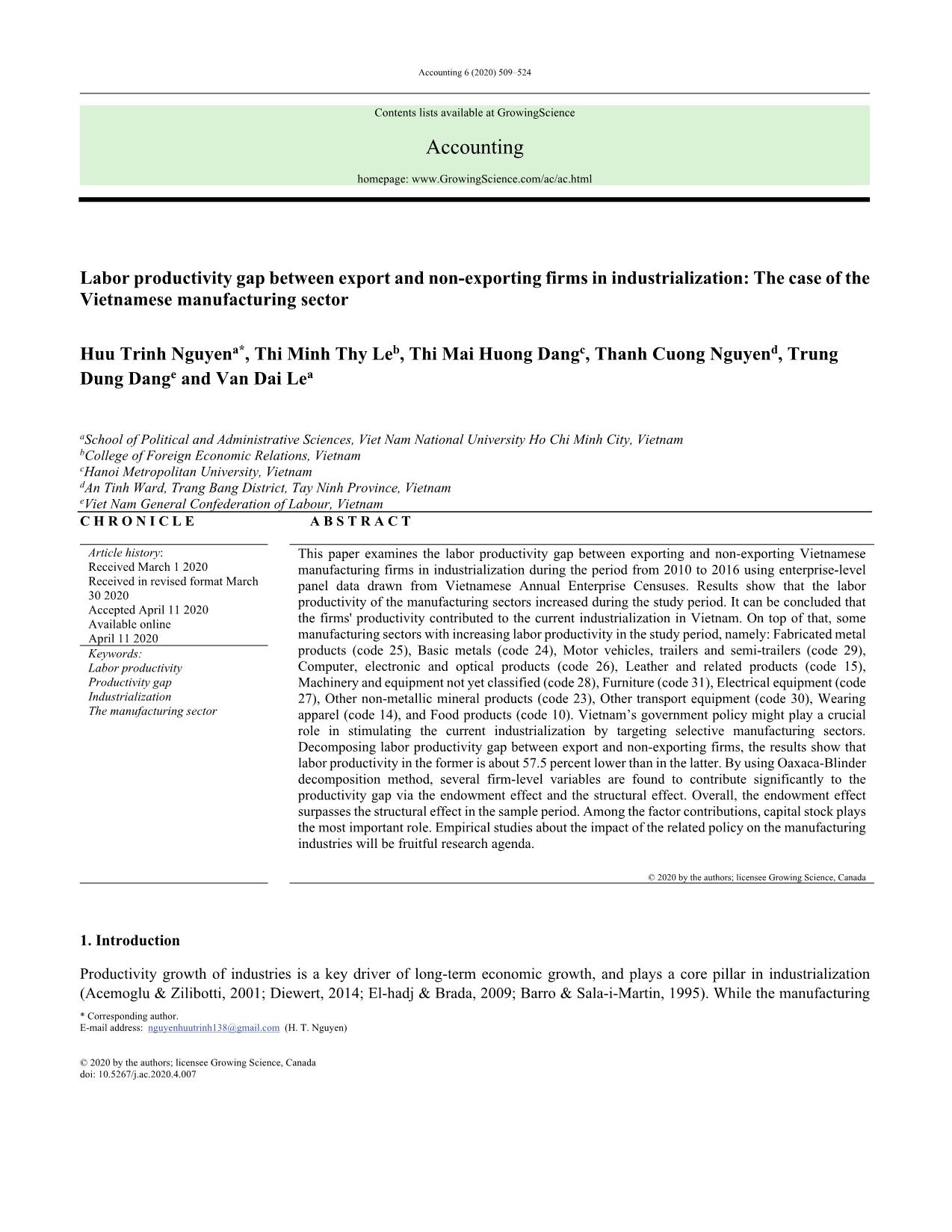 Labor productivity gap between export and non-exporting firms in industrialization: The case of the Vietnamese manufacturing sector trang 1