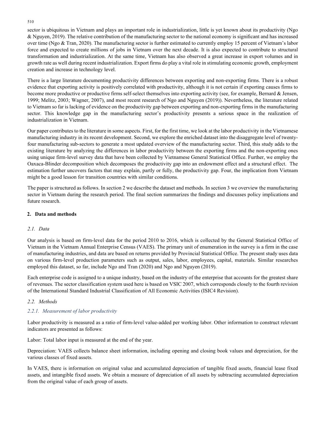 Labor productivity gap between export and non-exporting firms in industrialization: The case of the Vietnamese manufacturing sector trang 2