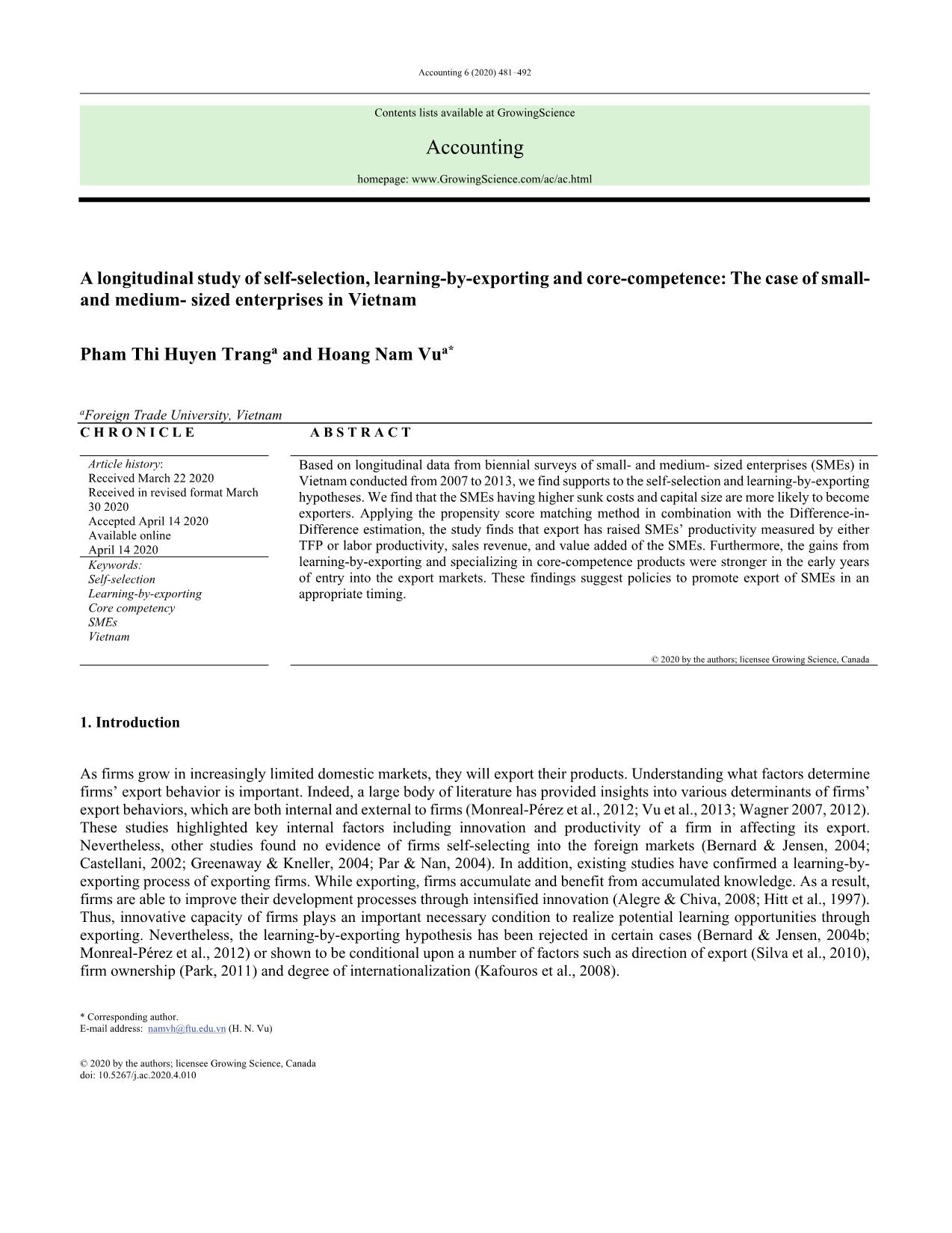 A longitudinal study of self-selection, learning-by-exporting and core-competence: The case of smalland medium-sized enterprises in Vietnam trang 1