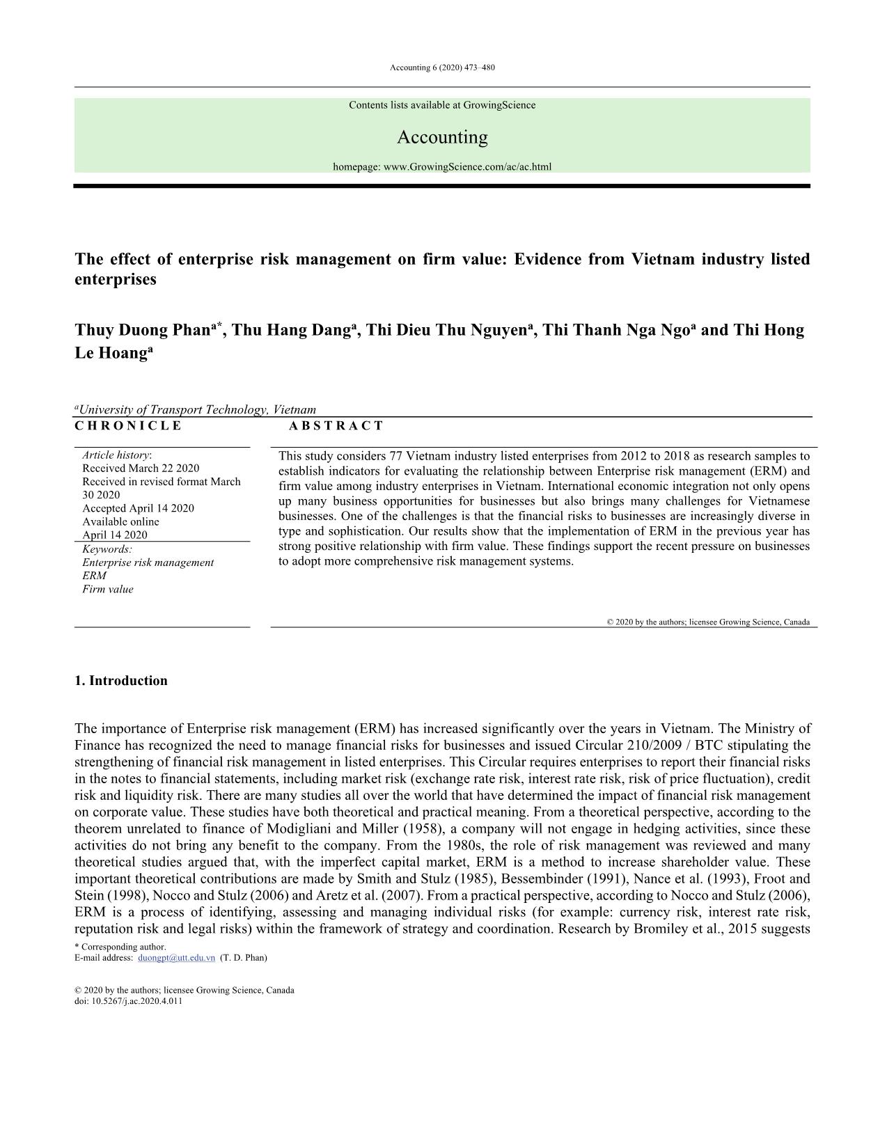 The effect of enterprise risk management on firm value: Evidence from Vietnam industry listed enterprises trang 1