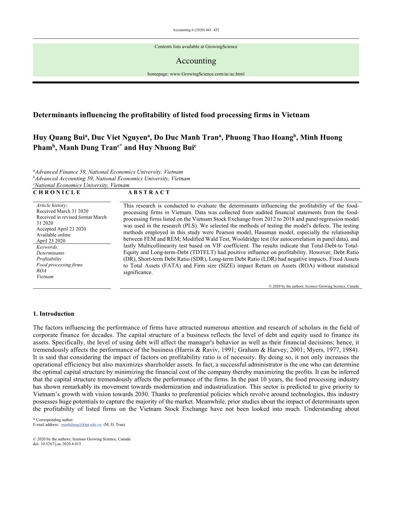 Determinants influencing the profitability of listed food processing firms in Vietnam trang 1