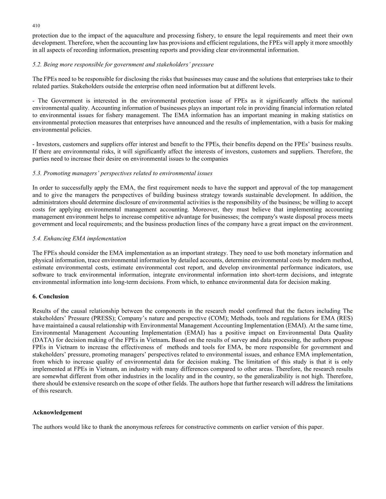 Factors affecting the environmental management accounting implementation and the quality of environmental information for making decisions of fishery processing enterprises in Vietnam trang 10