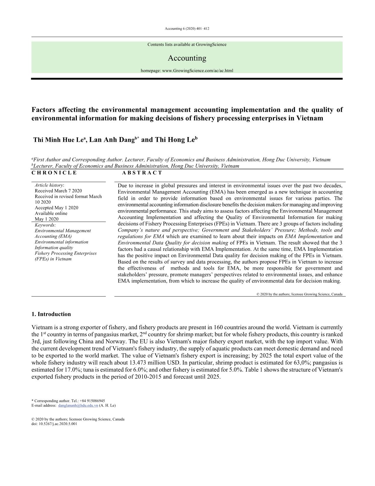 Factors affecting the environmental management accounting implementation and the quality of environmental information for making decisions of fishery processing enterprises in Vietnam trang 1