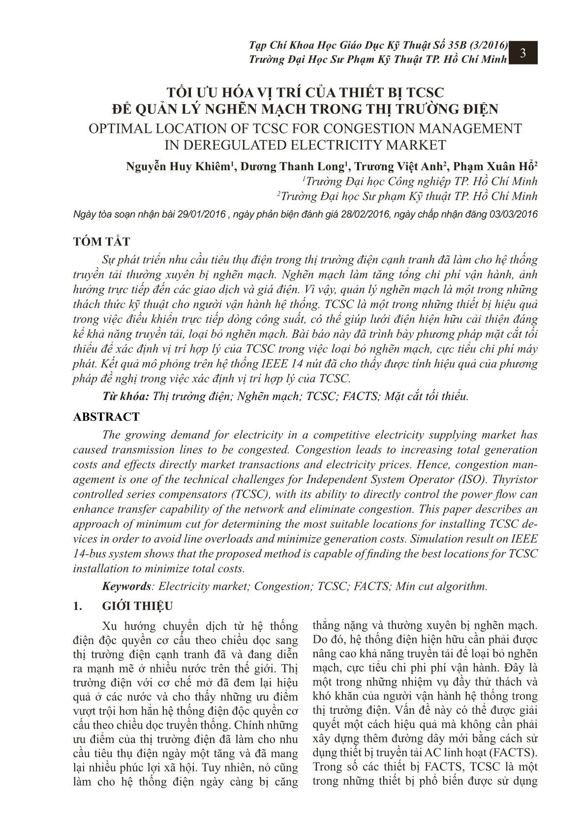 Tối ưu hóa vị trí của thiết bị TCSC để quản lý nghẽn mạch trong thị trường điện trang 1