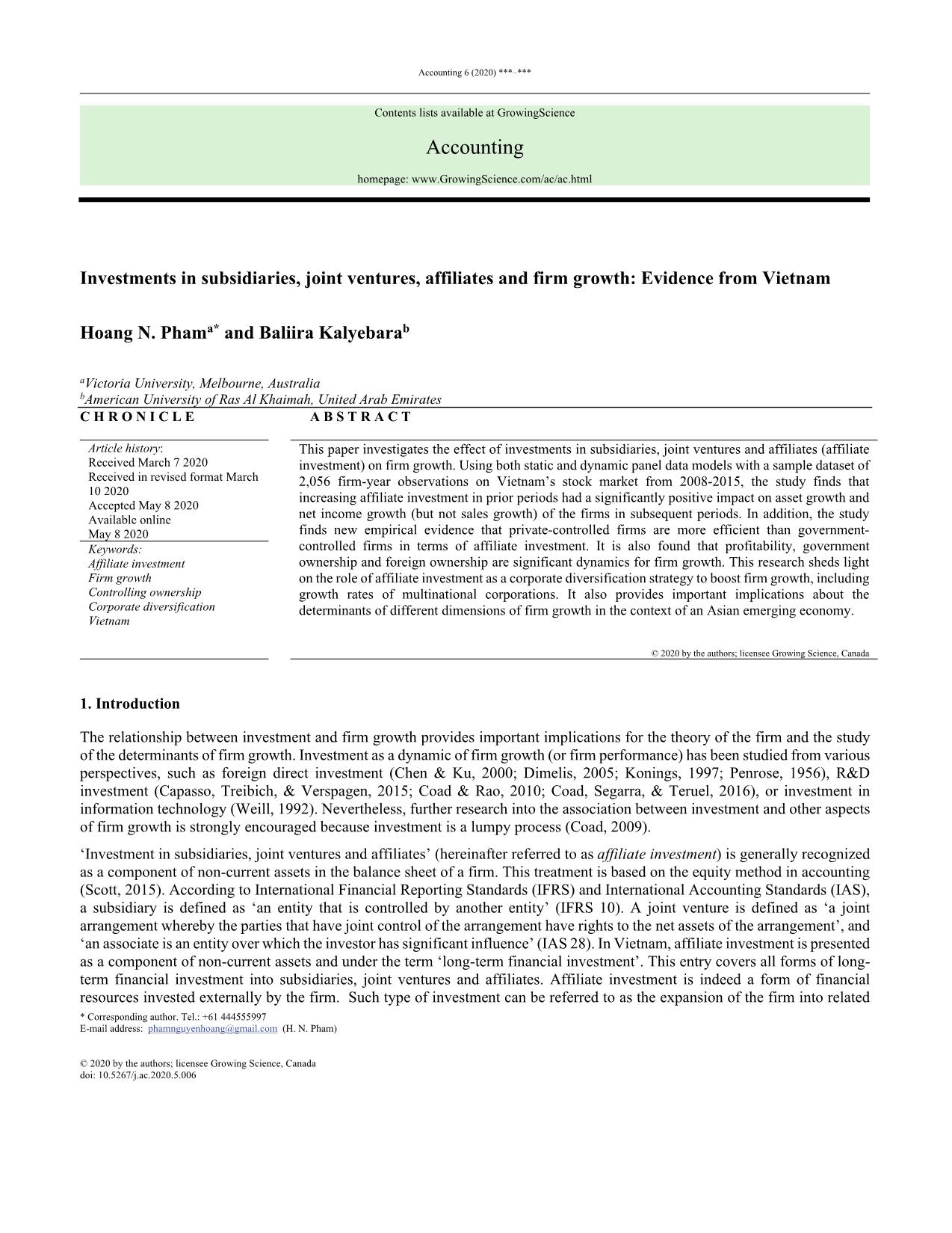 Investments in subsidiaries, joint ventures, affiliates and firm growth: Evidence from Vietnam trang 1
