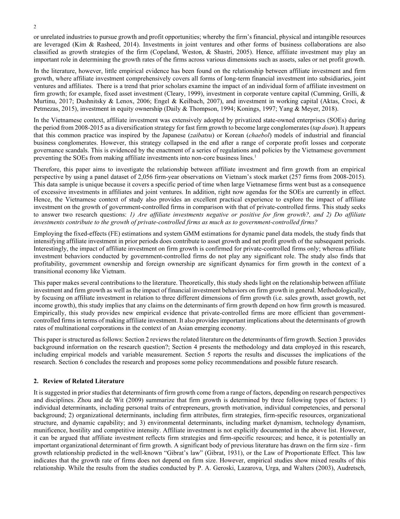 Investments in subsidiaries, joint ventures, affiliates and firm growth: Evidence from Vietnam trang 2