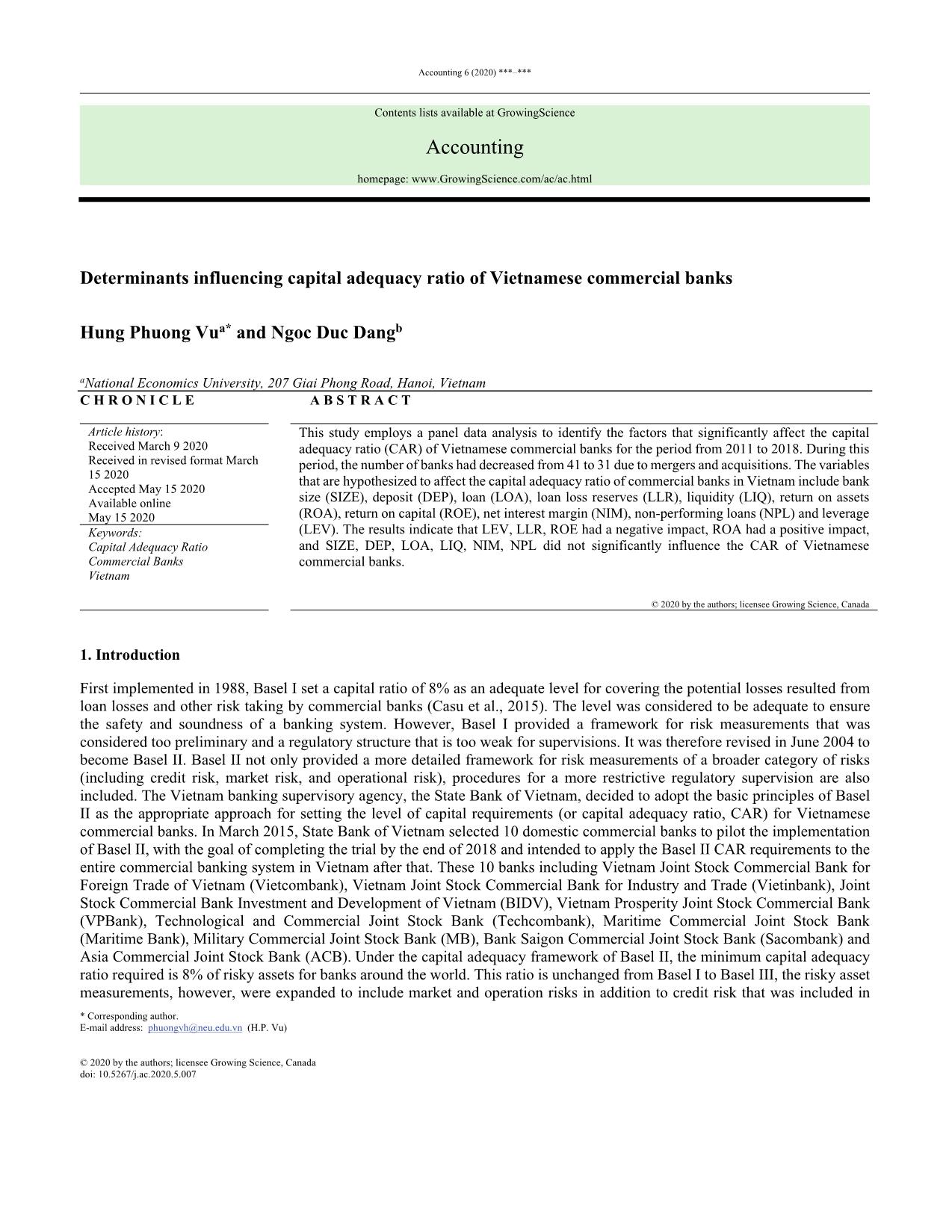 Determinants influencing capital adequacy ratio of Vietnamese commercial banks trang 1