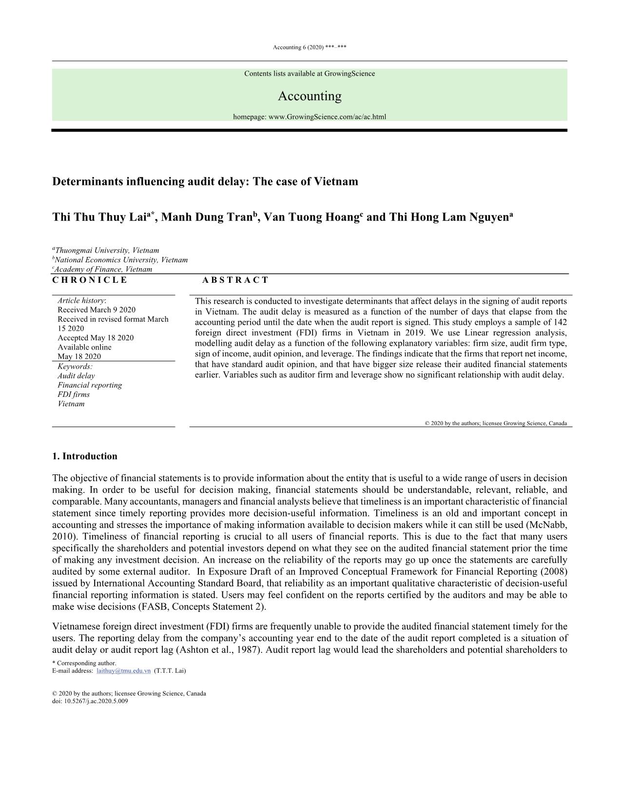 Determinants influencing audit delay: The case of Vietnam trang 1