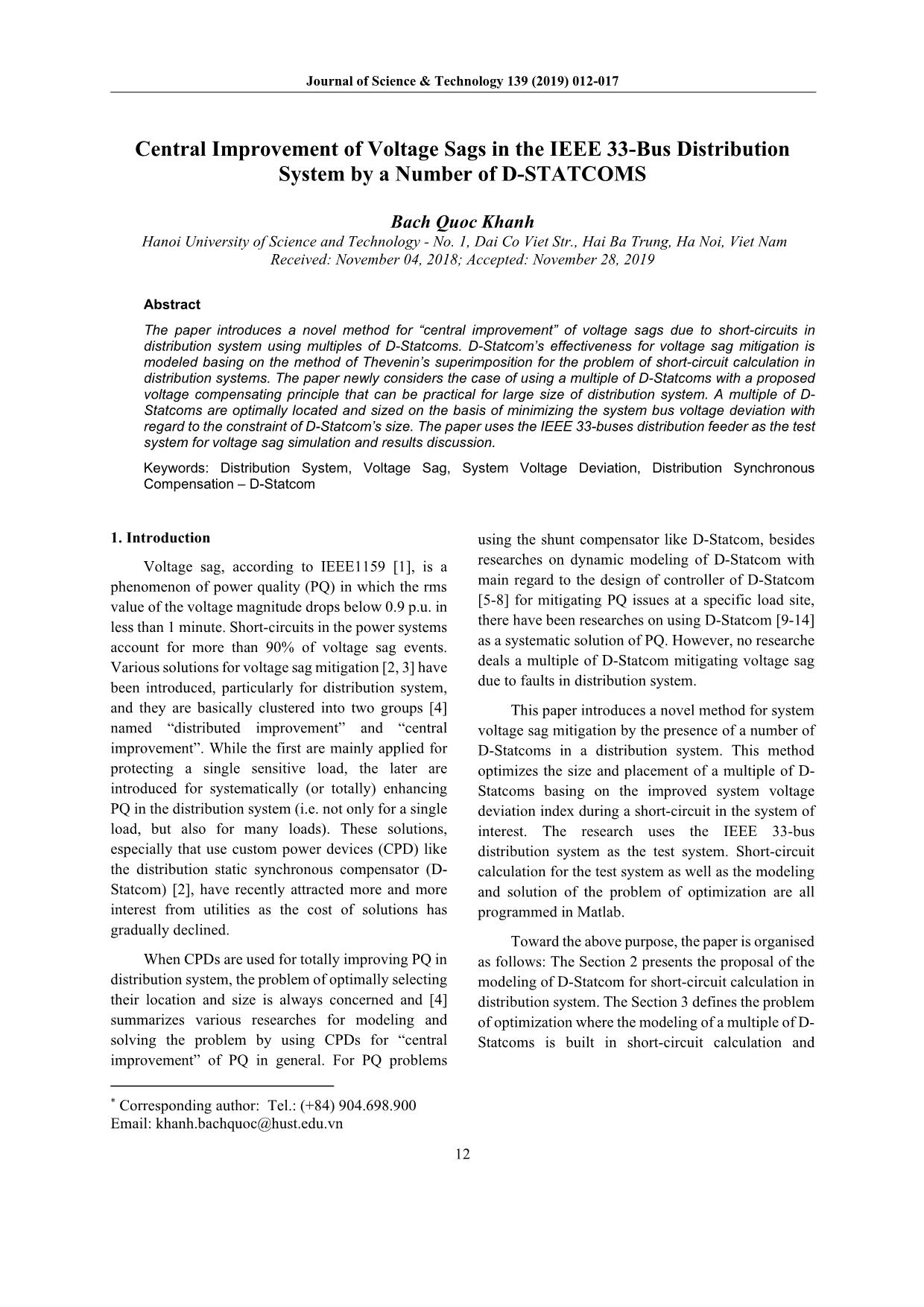 Central Improvement of Voltage Sags in the IEEE 33-Bus Distribution System by a Number of D-STATCOMS trang 1