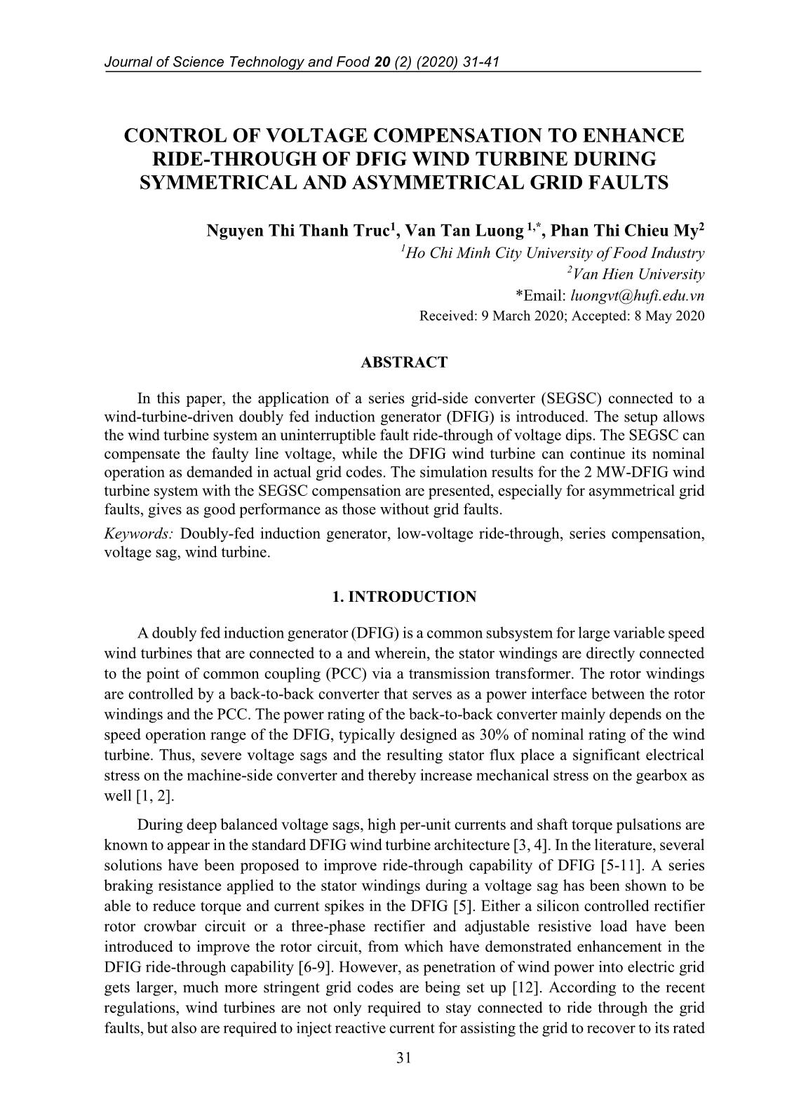 Control of voltage compensation to enhance ride - Through of dfig wind turbine during symmetrical and asymmetrical grid faults trang 1