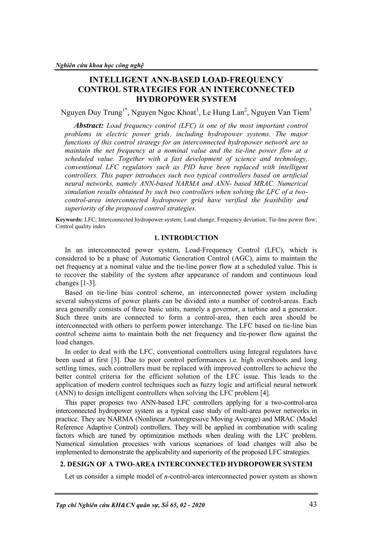 Intelligent ann - based load - frequency control strategies for an interconnected hydropower system trang 1