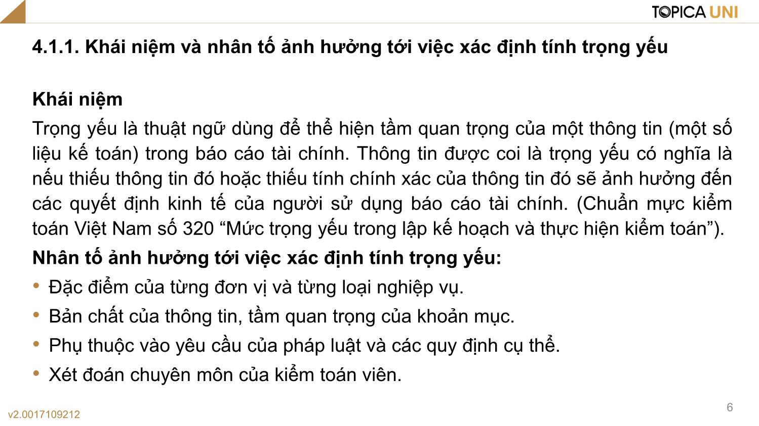 Bài giảng Lý thuyết kiểm toán - Bài 4: Một số khái niệm trong kiểm toán (Tiếp) - Phạm Thanh Thủy trang 6