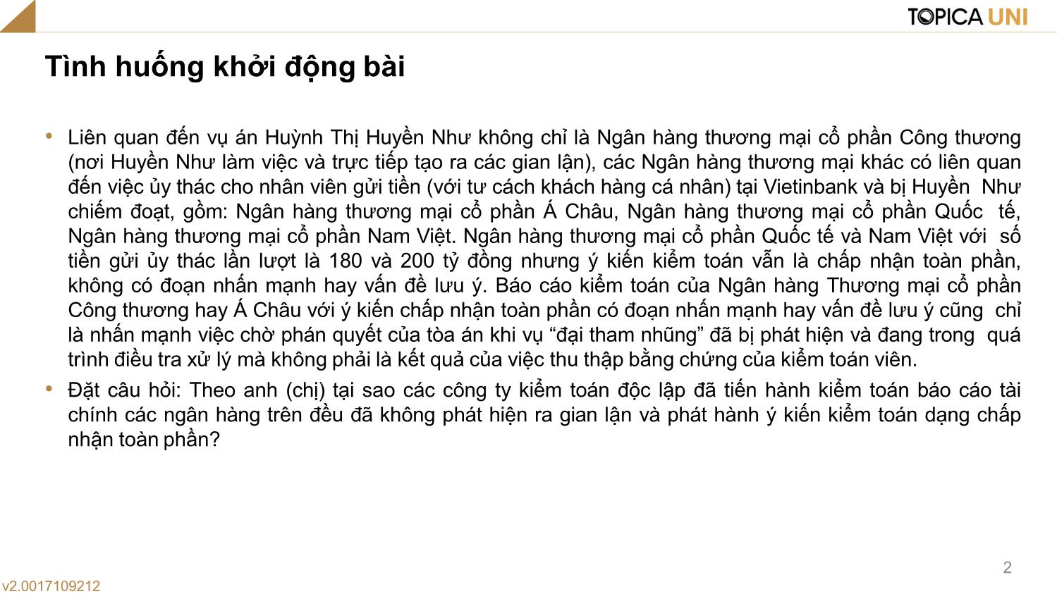 Bài giảng Lý thuyết kiểm toán - Bài 5: Phương pháp kiểm toán và kỹ thuật chọn mẫu trong kiểm toán - Phạm Thanh Thủy trang 2