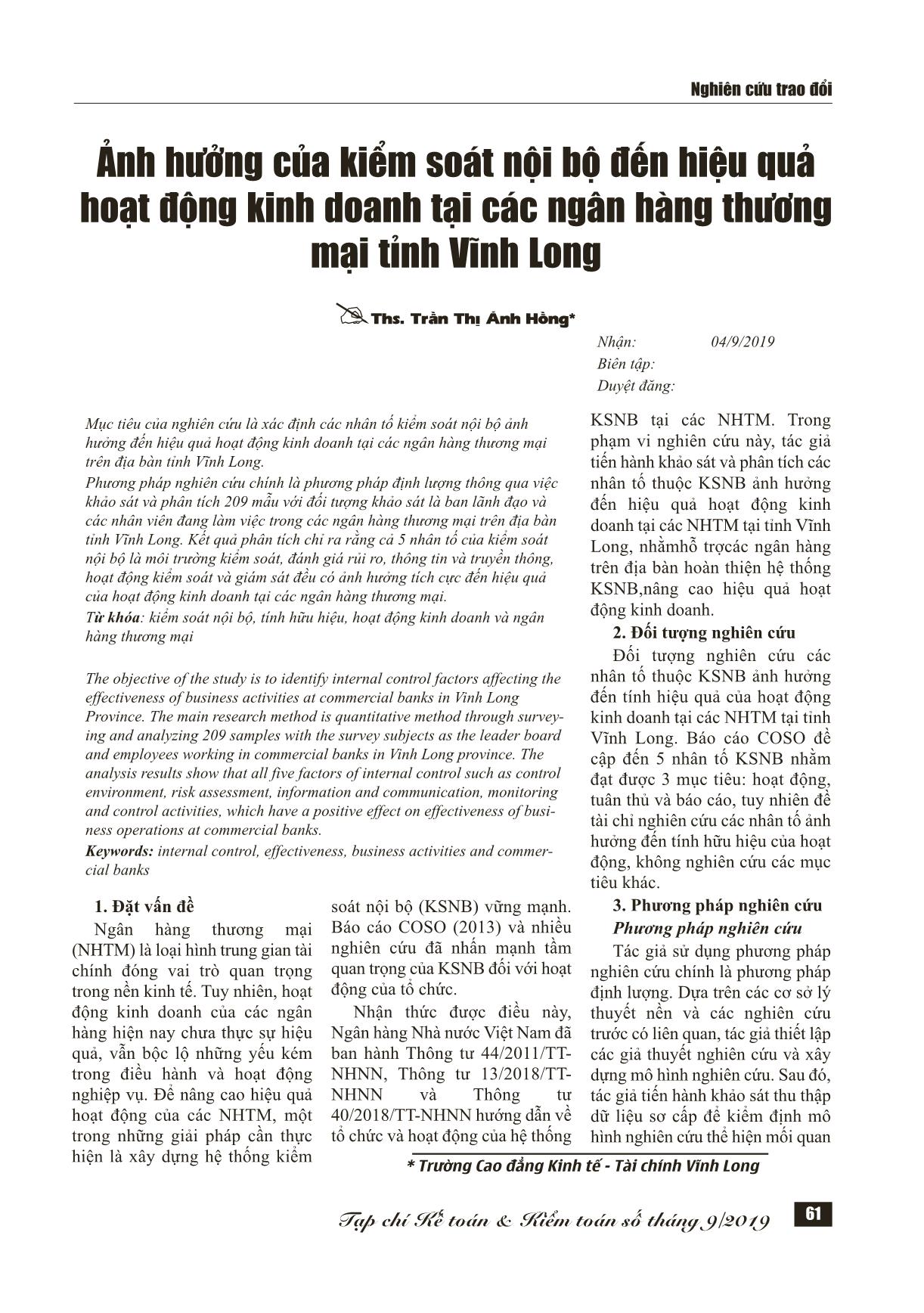 Ảnh hưởng của kiểm soát nội bộ đến hiệu quả hoạt động kinh doanh tại các ngân hàng thương mại tỉnh Vĩnh Long trang 1