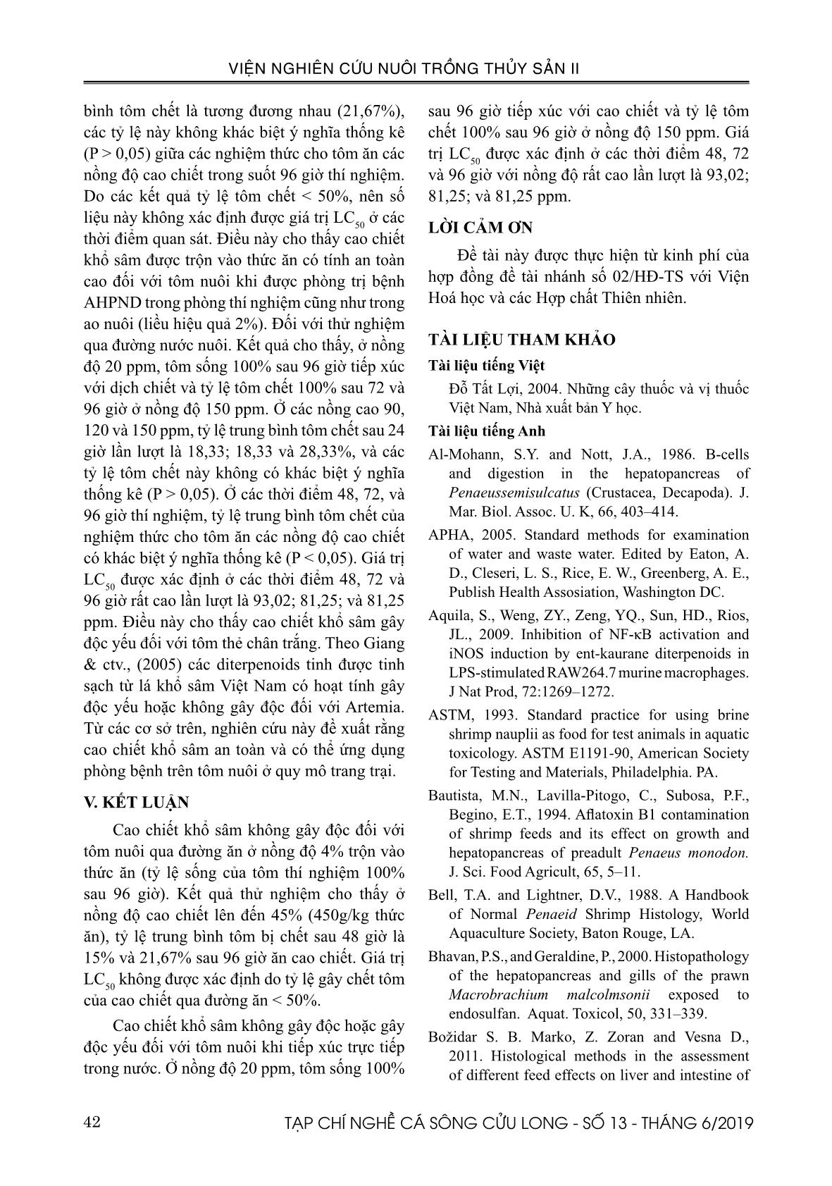 Độ an toàn của cao chiết khổ sâm (Croton tonkinensis) đối với tôm thẻ (Penaeus vannamei) ở điều kiện in vitro trang 8