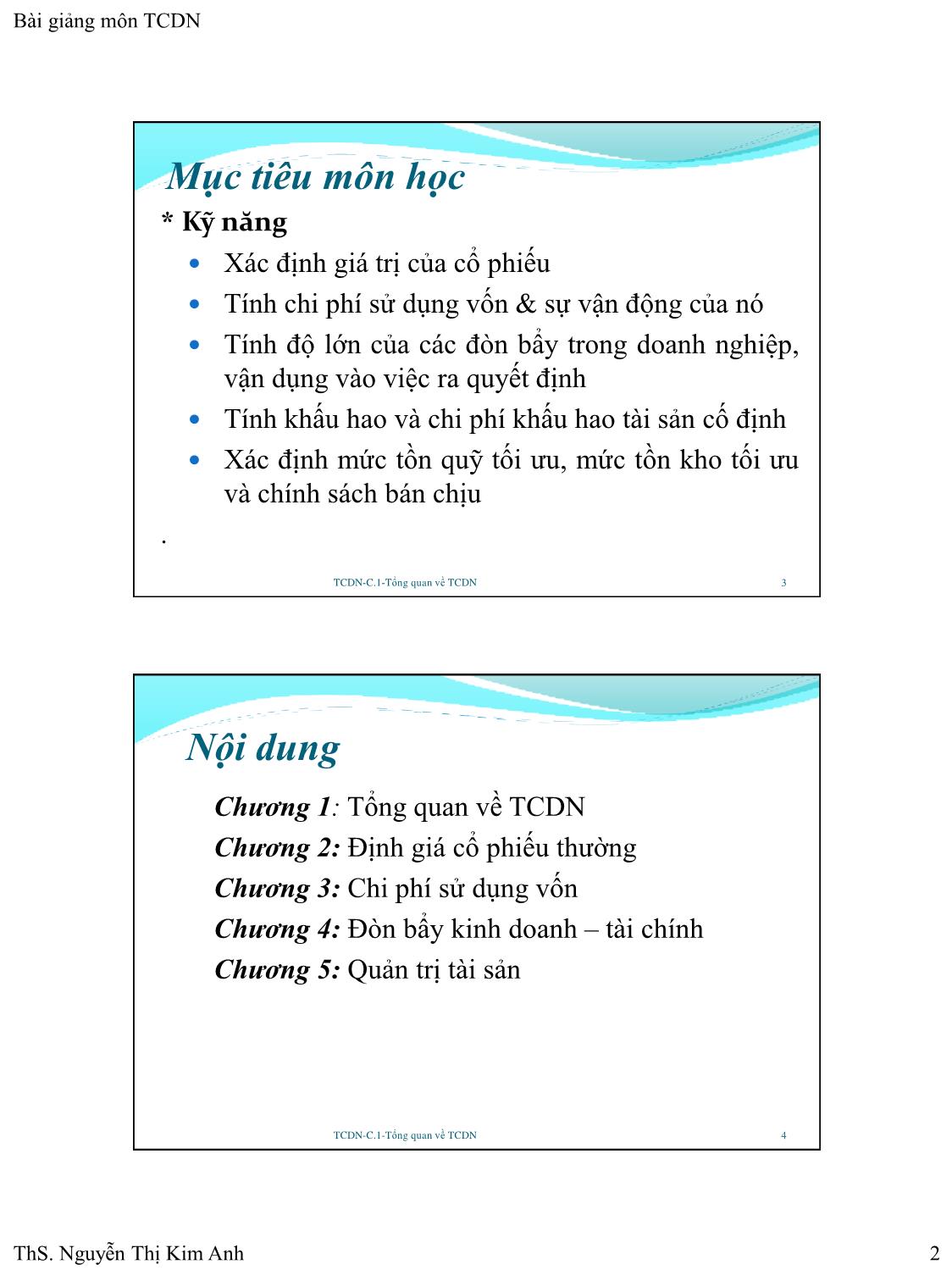 Bài giảng Tài chính doanh nghiệp - Chương 1: Tổng quan về tài chính doanh nghiệp - Nguyễn Thị Kim Anh trang 2