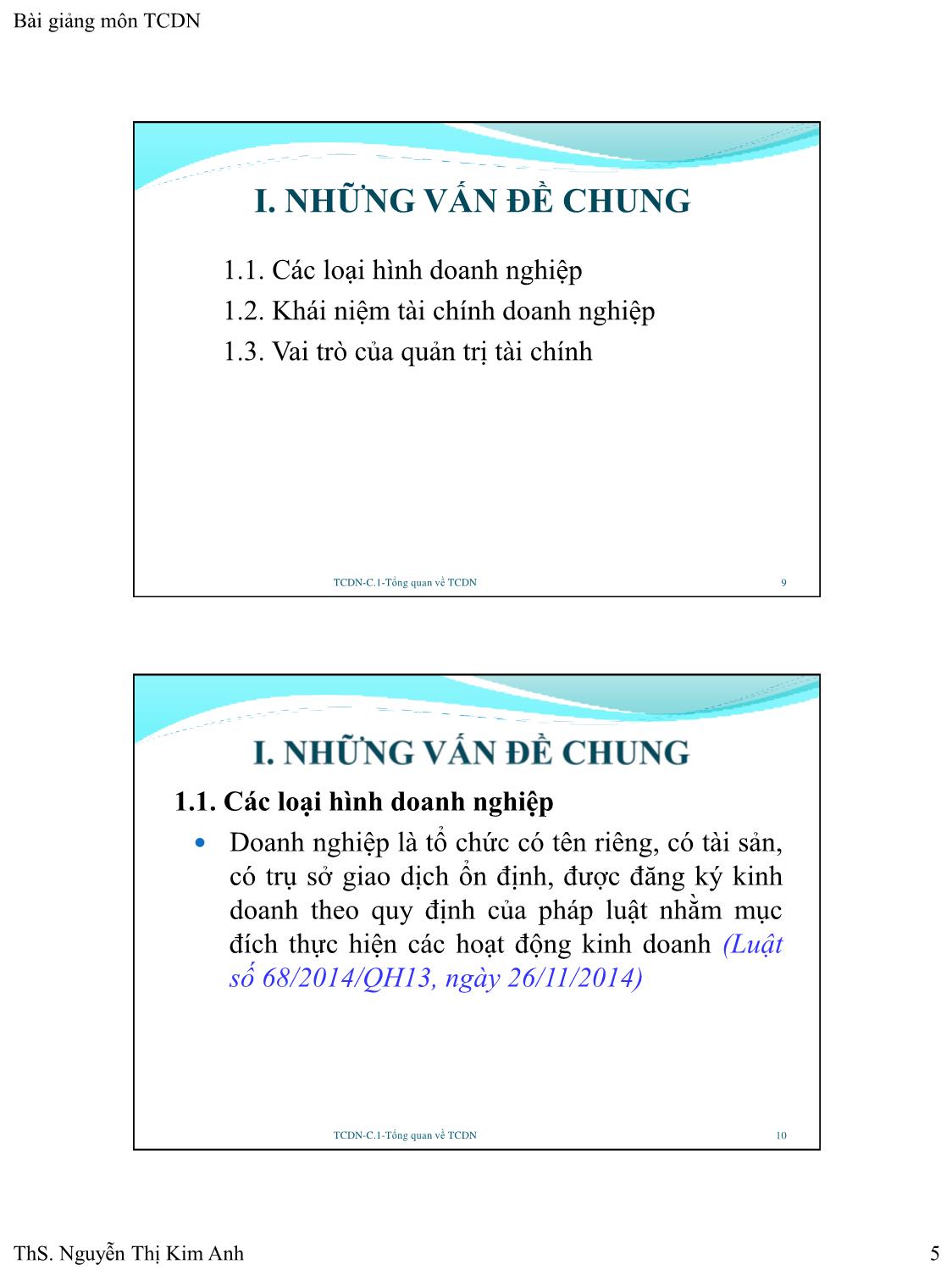 Bài giảng Tài chính doanh nghiệp - Chương 1: Tổng quan về tài chính doanh nghiệp - Nguyễn Thị Kim Anh trang 5