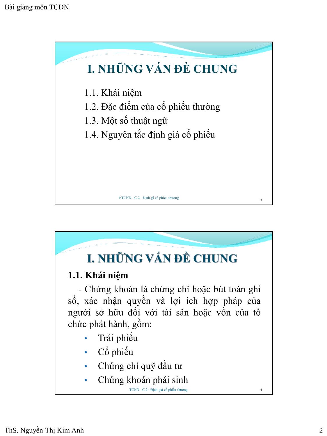 Bài giảng Tài chính doanh nghiệp - Chương 2: Định giá cổ phiếu thường - Nguyễn Thị Kim Anh trang 2