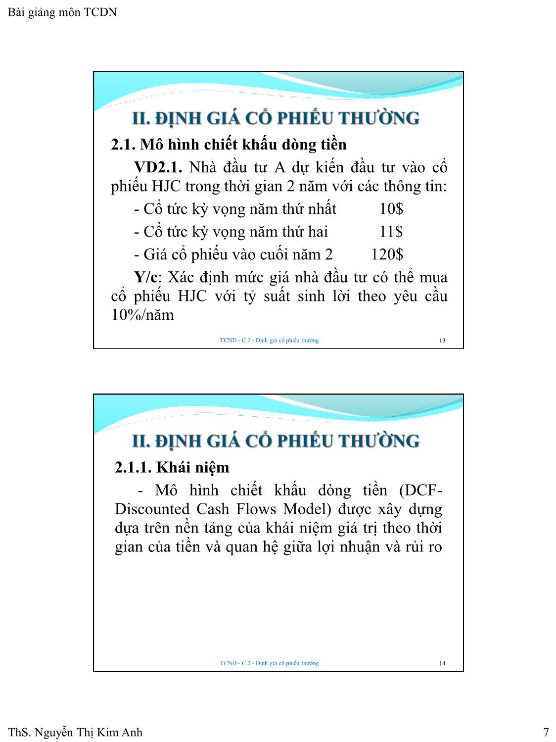 Bài giảng Tài chính doanh nghiệp - Chương 2: Định giá cổ phiếu thường - Nguyễn Thị Kim Anh trang 7