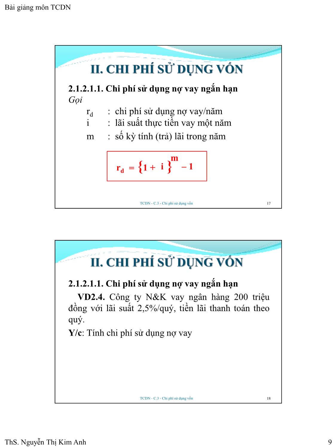 Bài giảng Tài chính doanh nghiệp - Chương 3: Chi phí sử dụng vốn - Nguyễn Thị Kim Anh trang 9