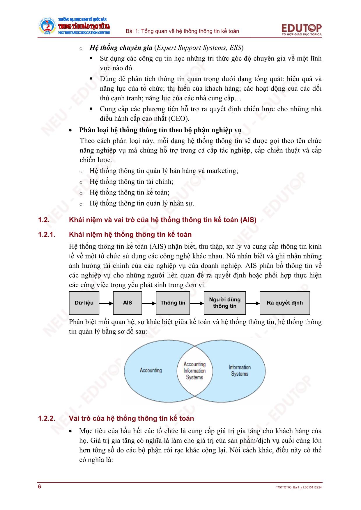 Bài giảng Hệ thống thông tin kế toán - Bài 1: Tổng quan về hệ thống thông tin kế toán trang 6