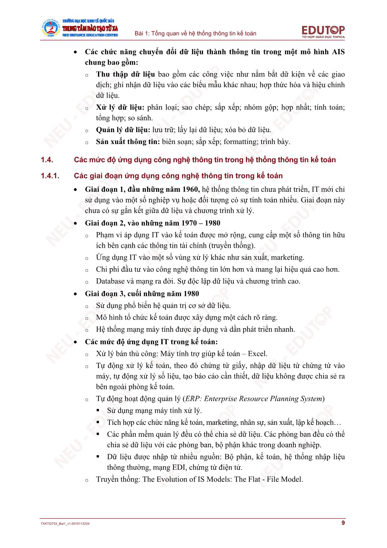 Bài giảng Hệ thống thông tin kế toán - Bài 1: Tổng quan về hệ thống thông tin kế toán trang 9