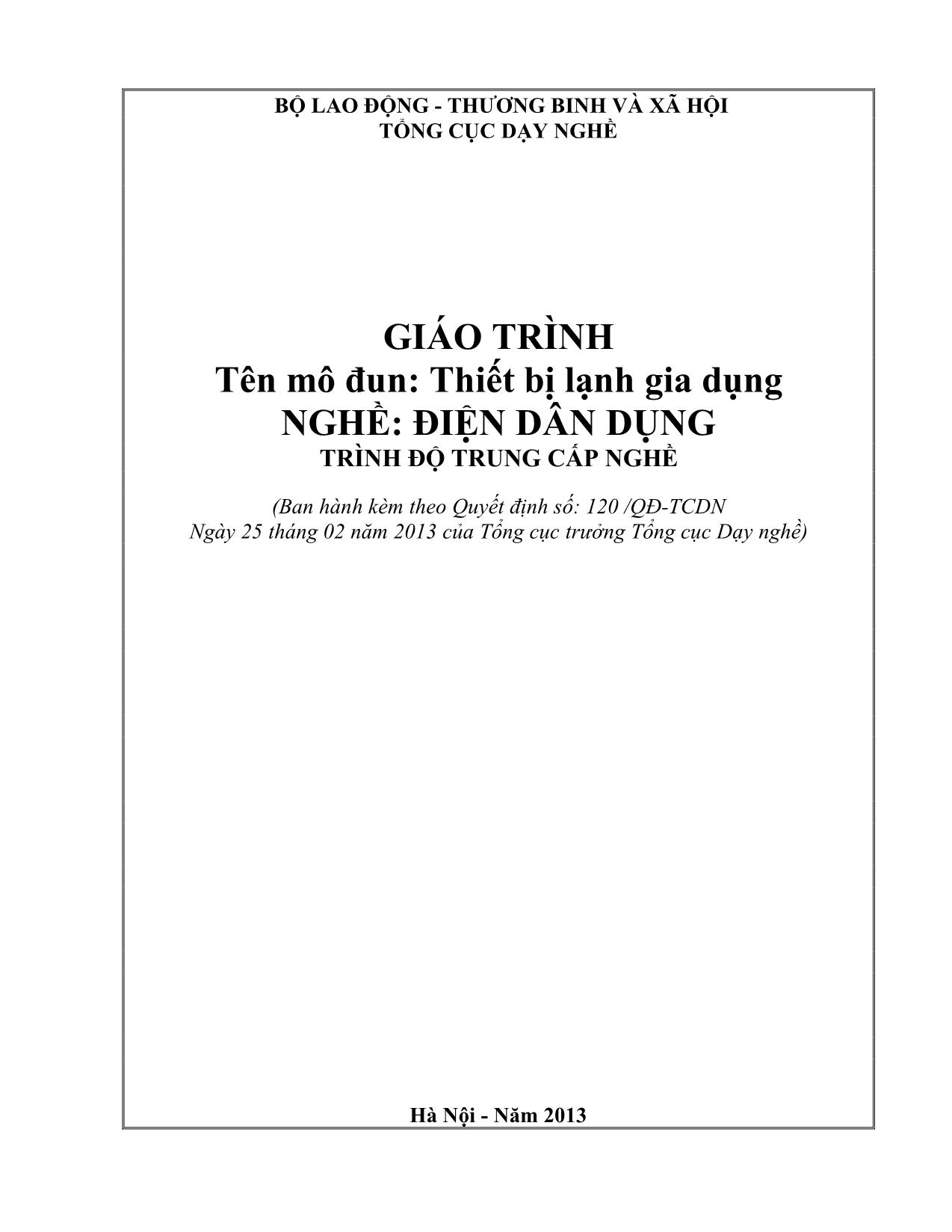 Giáo trình Mô đun Thiết bị lạnh gia dụng - Điện dân dụng trang 1