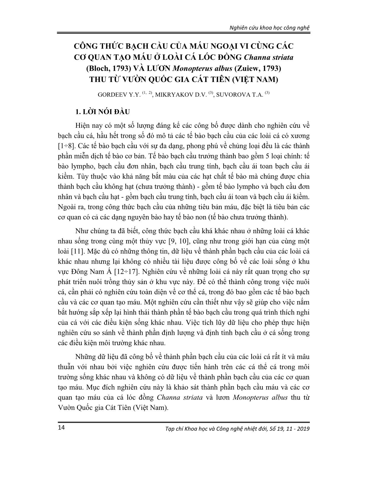 Công thức bạch cầu của máu ngoại vi cùng các cơ quan tạo máu ở loài cá lóc đồng Xhanna striata (Bloch, 1793) và lươn Monopterus albus (Zuiew, 1793) thu từ Vườn Quốc gia Cát Tiên (Việt Nam) trang 1