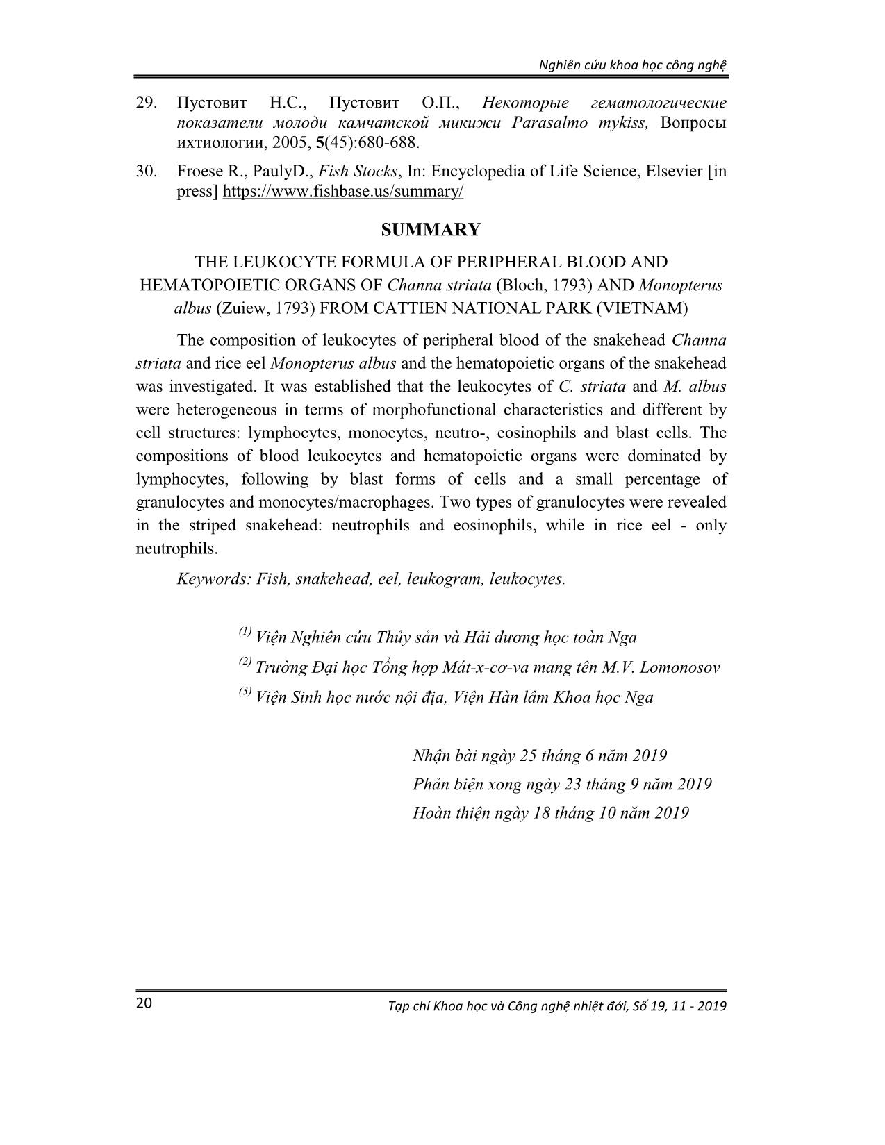 Công thức bạch cầu của máu ngoại vi cùng các cơ quan tạo máu ở loài cá lóc đồng Xhanna striata (Bloch, 1793) và lươn Monopterus albus (Zuiew, 1793) thu từ Vườn Quốc gia Cát Tiên (Việt Nam) trang 7