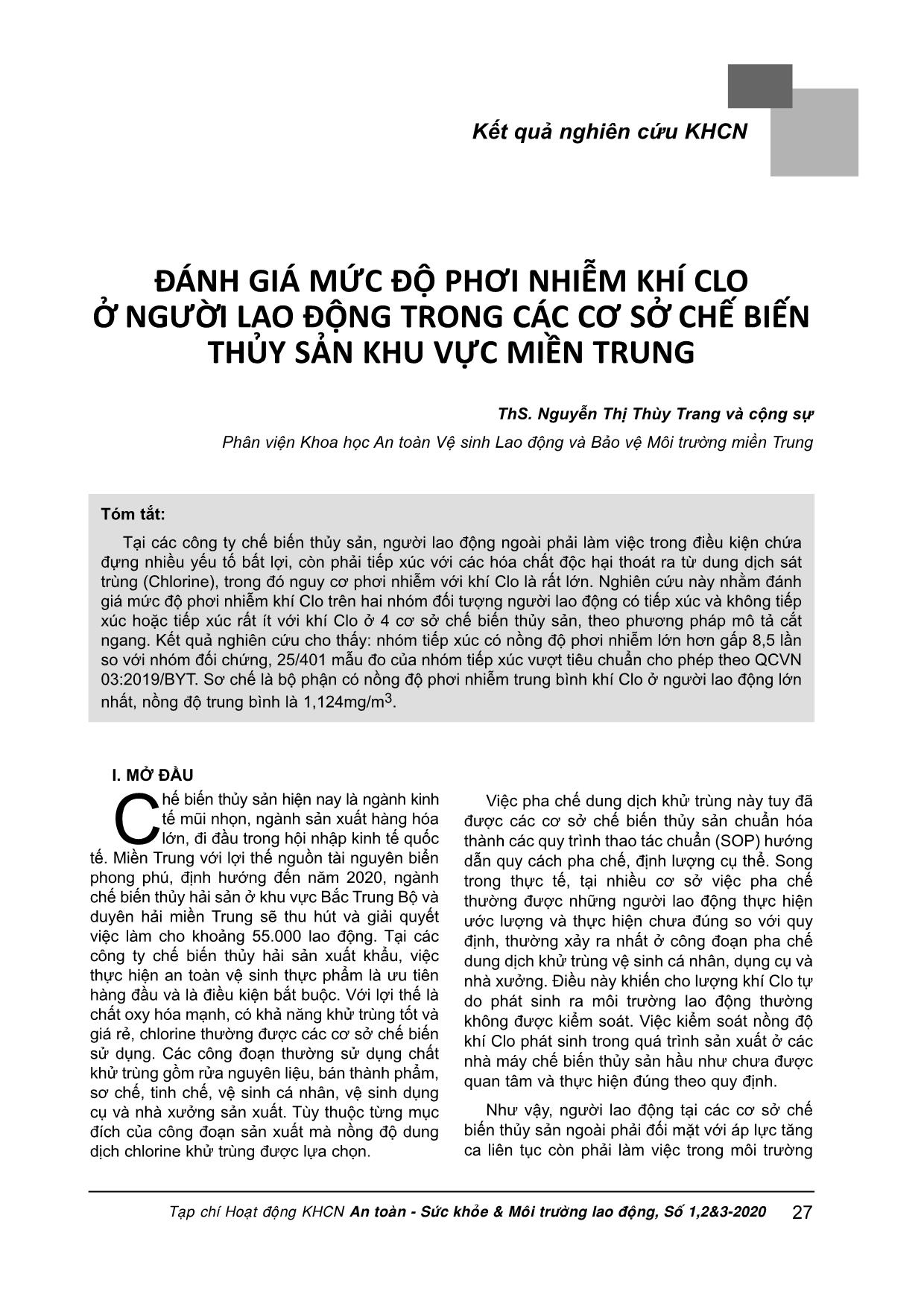 Đánh giá mức độ phơi nhiễm khí Clo ở người lao động trong các cơ sở chế biến thủy sản khu vực miền Trung trang 1