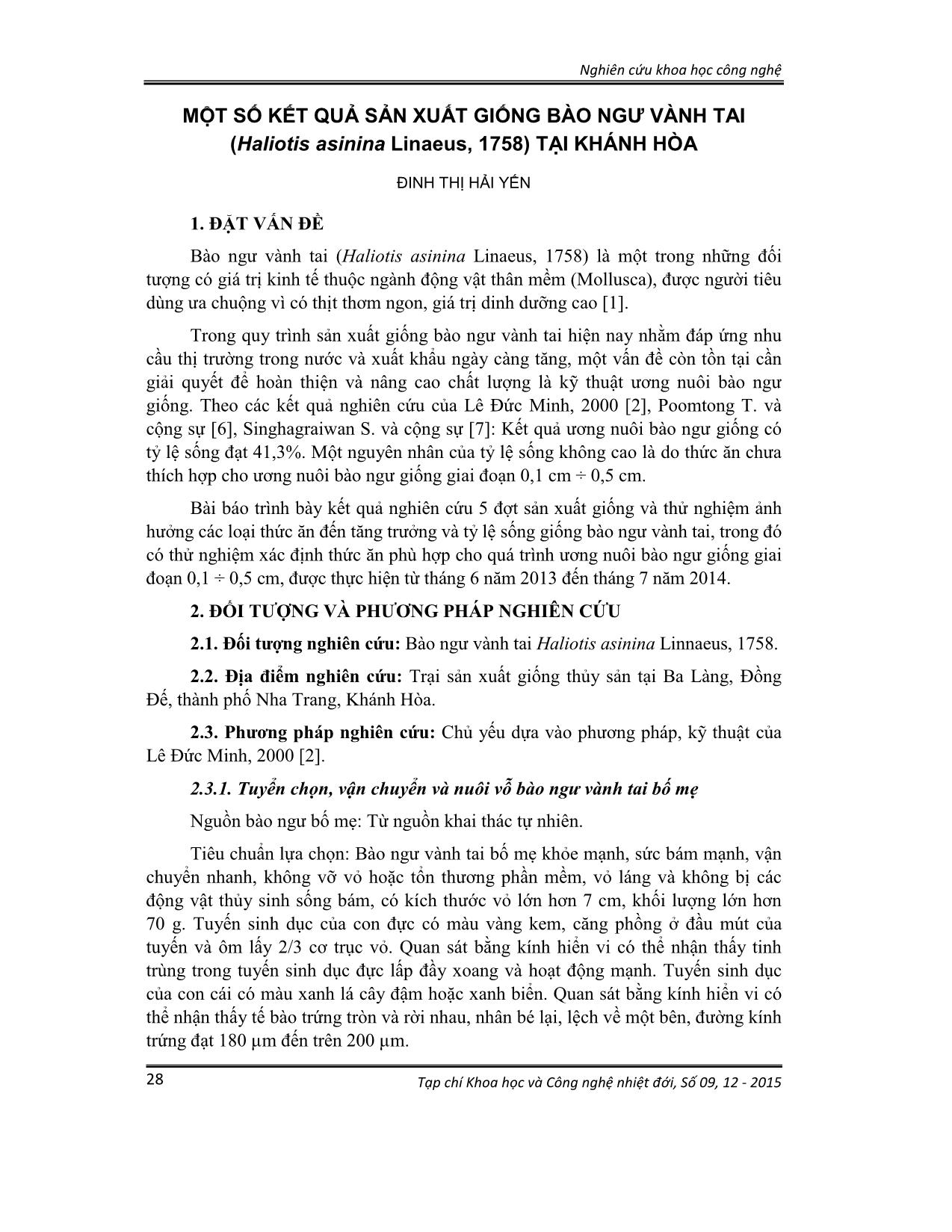 Một số kết quả sản xuất giống bào ngư vành tai (Haliotis asinina Linaeus, 1758) tại Khánh Hòa trang 1