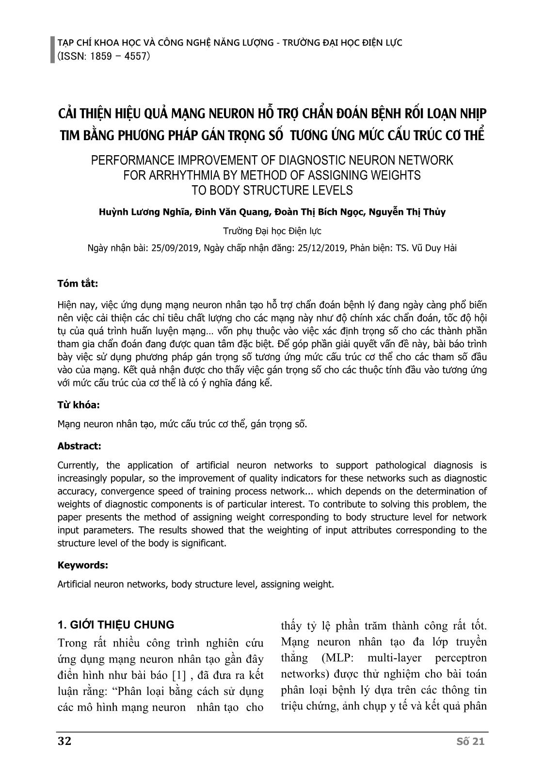 Cải thiện hiệu quả mạng neuron hỗ trợ chẩn đoán bệnh rối loạn nhịp tim bằng phương pháp gán trọng số tương ứng mức cấu trúc cơ thể trang 1