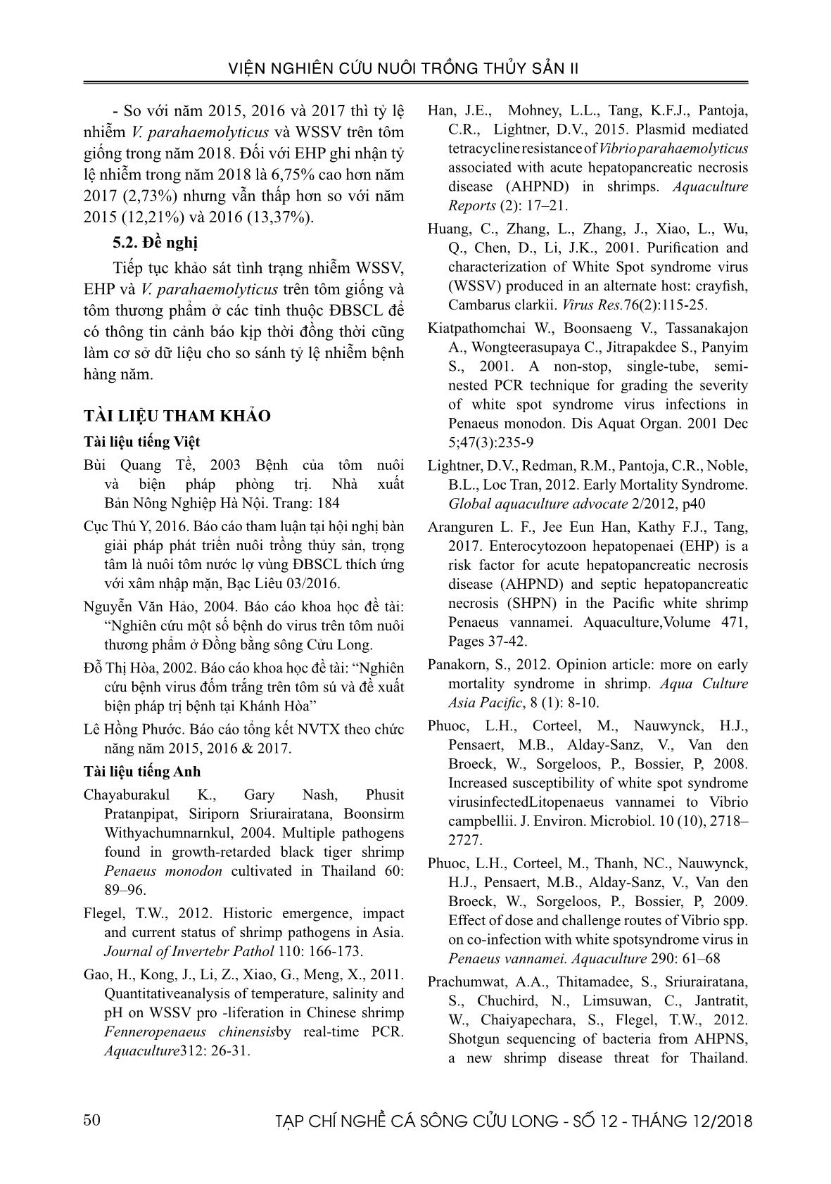 Sự hiện hiện của các bệnh đốm trắng, hoại tử gan tụy cấp và vi bào tử trùng trên tôm giống và tôm nuôi nước lợ ở đồng bằng sông Cửu Long năm 2018 trang 7