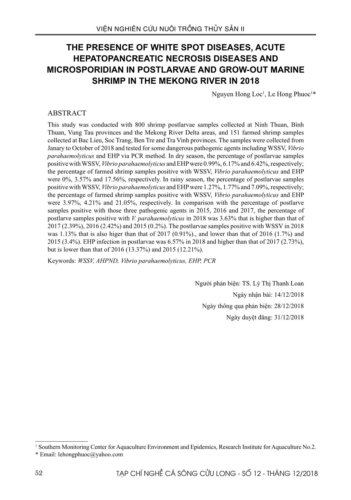 Sự hiện hiện của các bệnh đốm trắng, hoại tử gan tụy cấp và vi bào tử trùng trên tôm giống và tôm nuôi nước lợ ở đồng bằng sông Cửu Long năm 2018 trang 9
