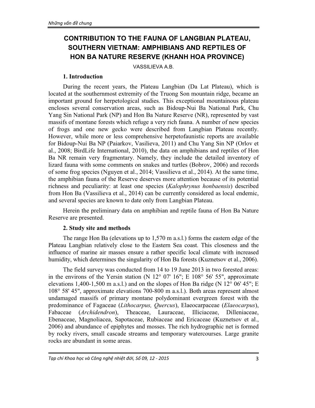 Contribution to the fauna of langbian plateau, Southern Vietnam: Amphibians and reptiles of Hon Ba nature reserve (Khanh Hoa province) trang 1