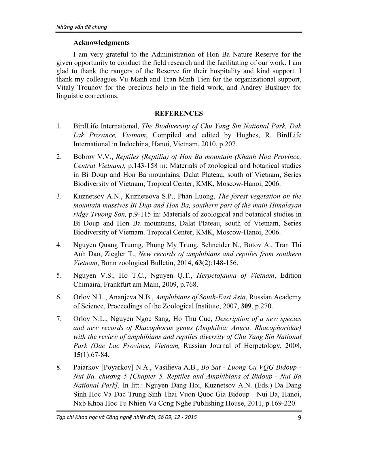 Contribution to the fauna of langbian plateau, Southern Vietnam: Amphibians and reptiles of Hon Ba nature reserve (Khanh Hoa province) trang 7