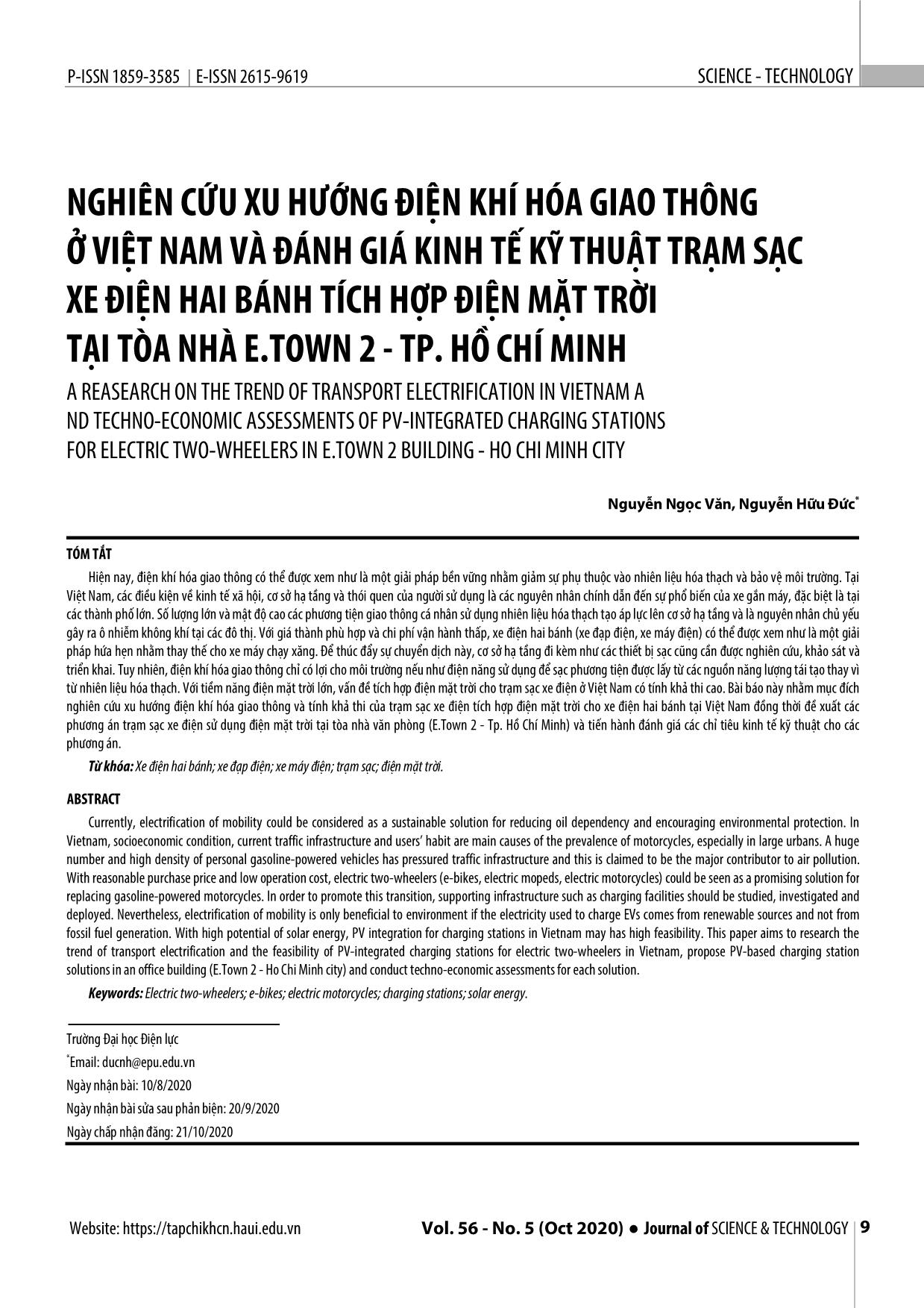Nghiên cứu xu hướng điện khí hóa giao thông ở Việt Nam và đánh giá kinh tế kỹ thuật trạm sạc xe điện hai bánh tích hợp điện mặt trời tại tòa nhà E.Town 2 - thành phố Hồ Chí Minh trang 1