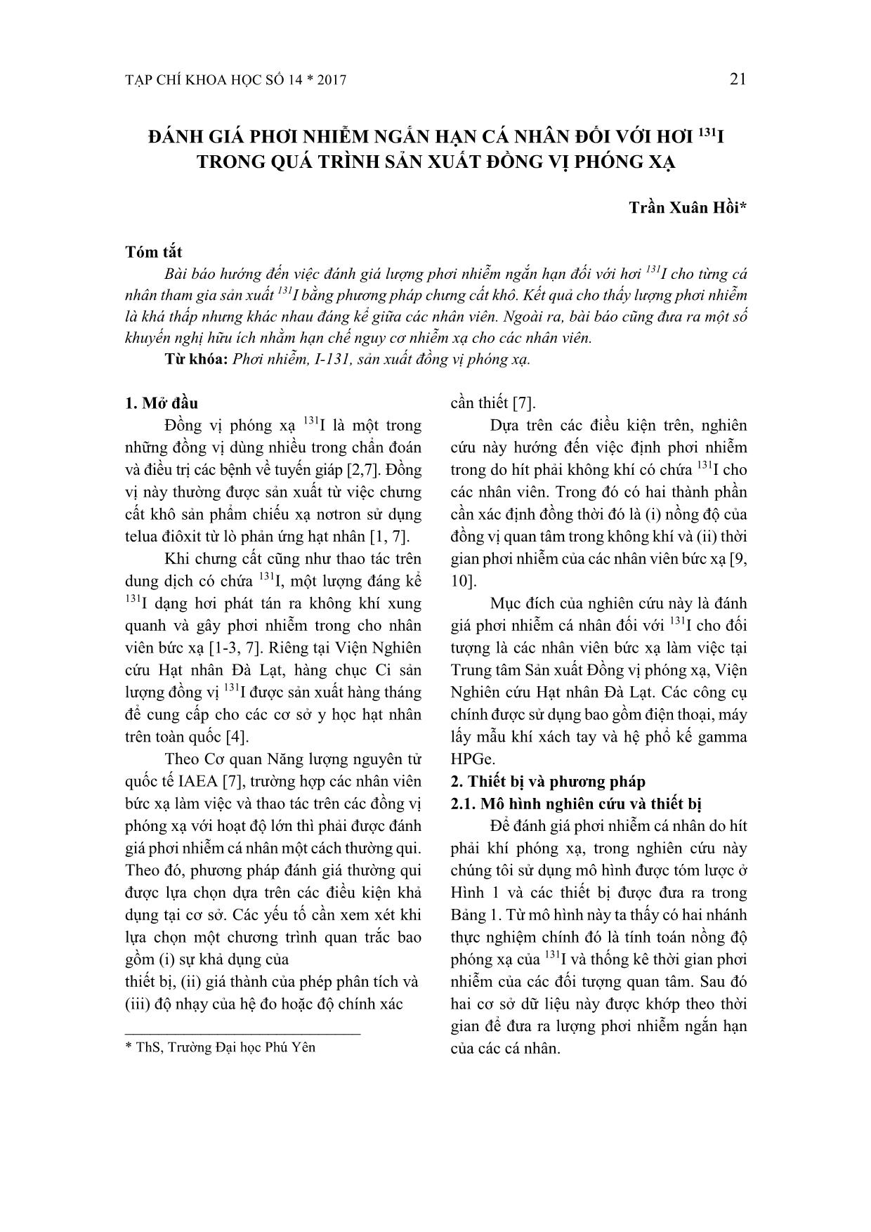 Đánh giá phơi nhiễm ngắn hạn cá nhân đối với hơi 131I trong quá trình sản xuất đồng vị phóng xạ trang 1