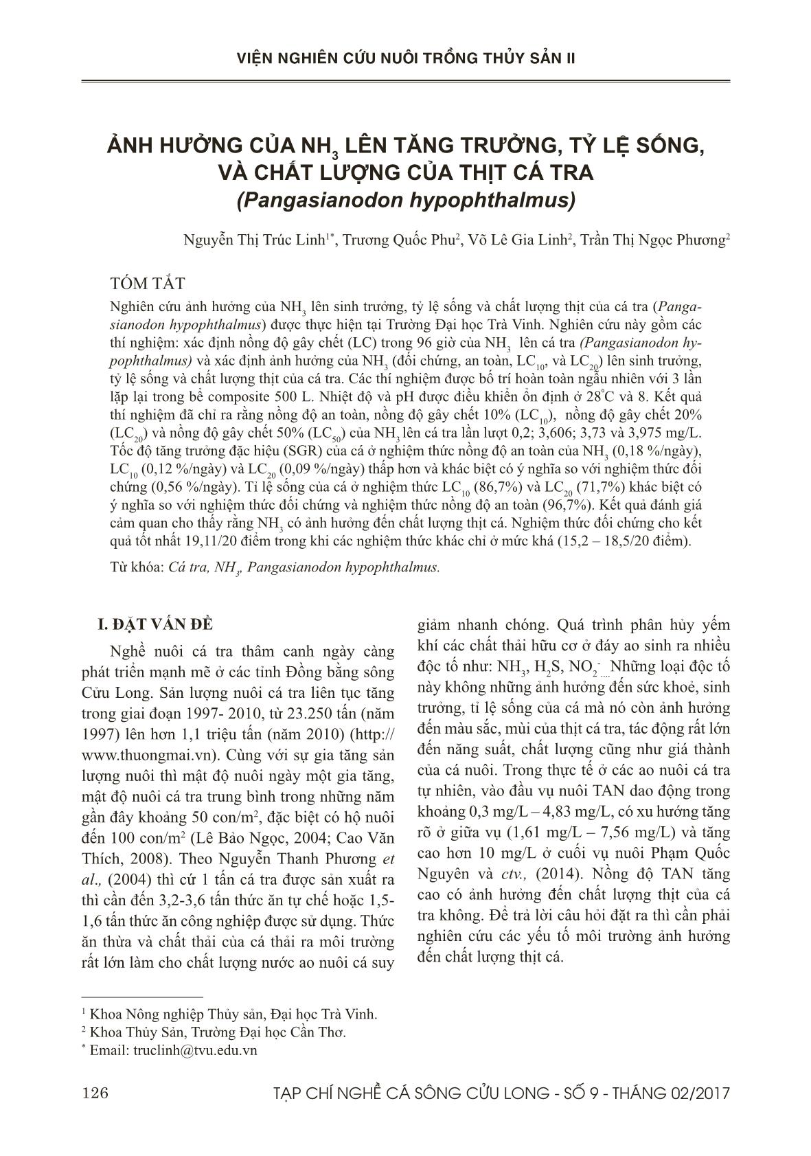Ảnh hưởng của NH3 lên tăng trưởng, tỷ lệ sống, và chất lượng của thịt cá tra (Pangasianodon hypophthalmus) trang 1