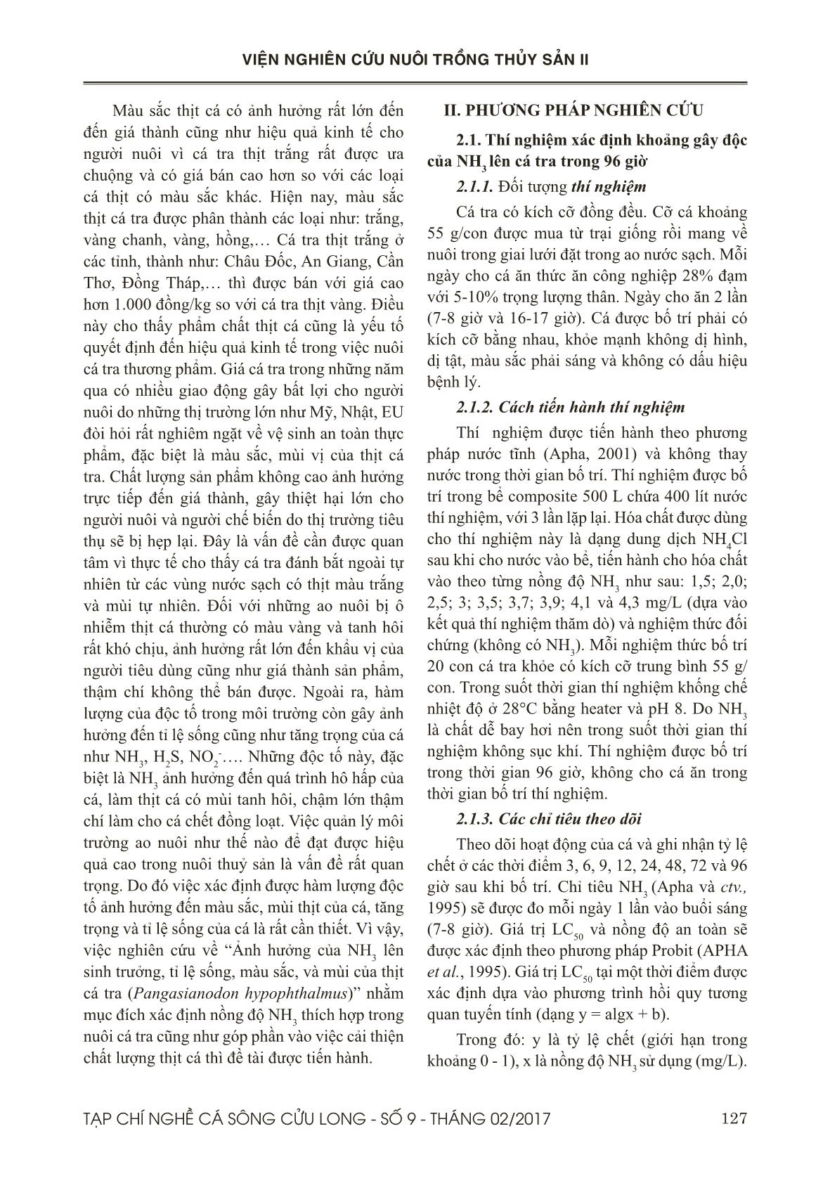 Ảnh hưởng của NH3 lên tăng trưởng, tỷ lệ sống, và chất lượng của thịt cá tra (Pangasianodon hypophthalmus) trang 2