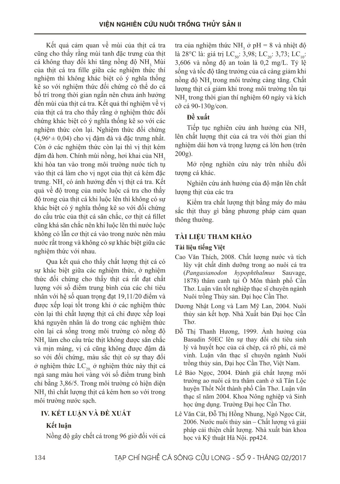 Ảnh hưởng của NH3 lên tăng trưởng, tỷ lệ sống, và chất lượng của thịt cá tra (Pangasianodon hypophthalmus) trang 9