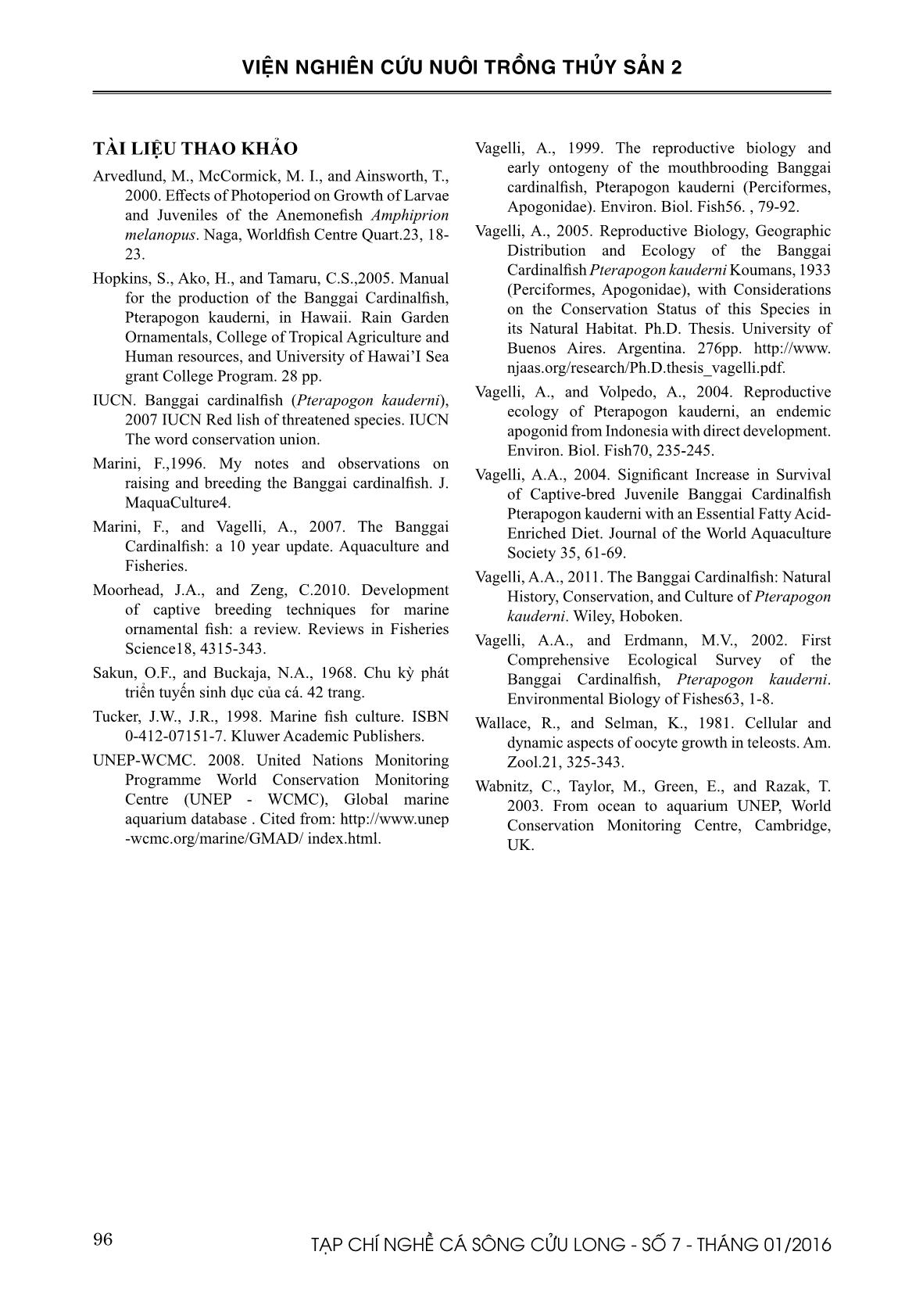 Nghiên cứu sinh sản nhân tạo cá bá chủ (Pterapogon kauderni Kaumans, 1933) tại Việt Nam trang 10