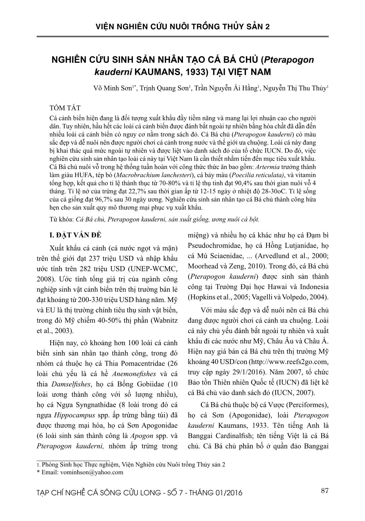 Nghiên cứu sinh sản nhân tạo cá bá chủ (Pterapogon kauderni Kaumans, 1933) tại Việt Nam trang 1