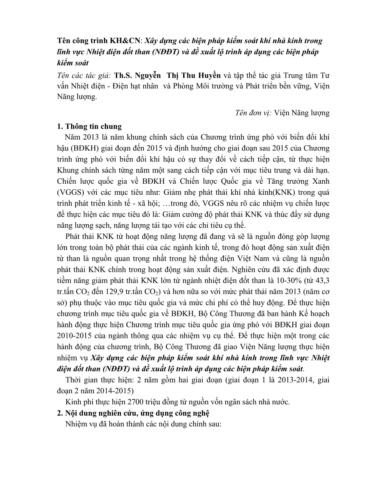 Xây dựng các biện pháp kiểm soát khí nhà kính trong lĩnh vực nhiệt điện đốt than và đề xuất lộ trình áp dụng các biện pháp kiểm soát trang 1