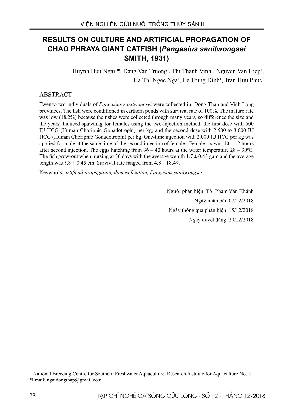 Kết quả lưu giữ và sinh sản nhân tạo cá vồ cờ (Pangasius sanitwongsei SMITH, 1931) trang 8