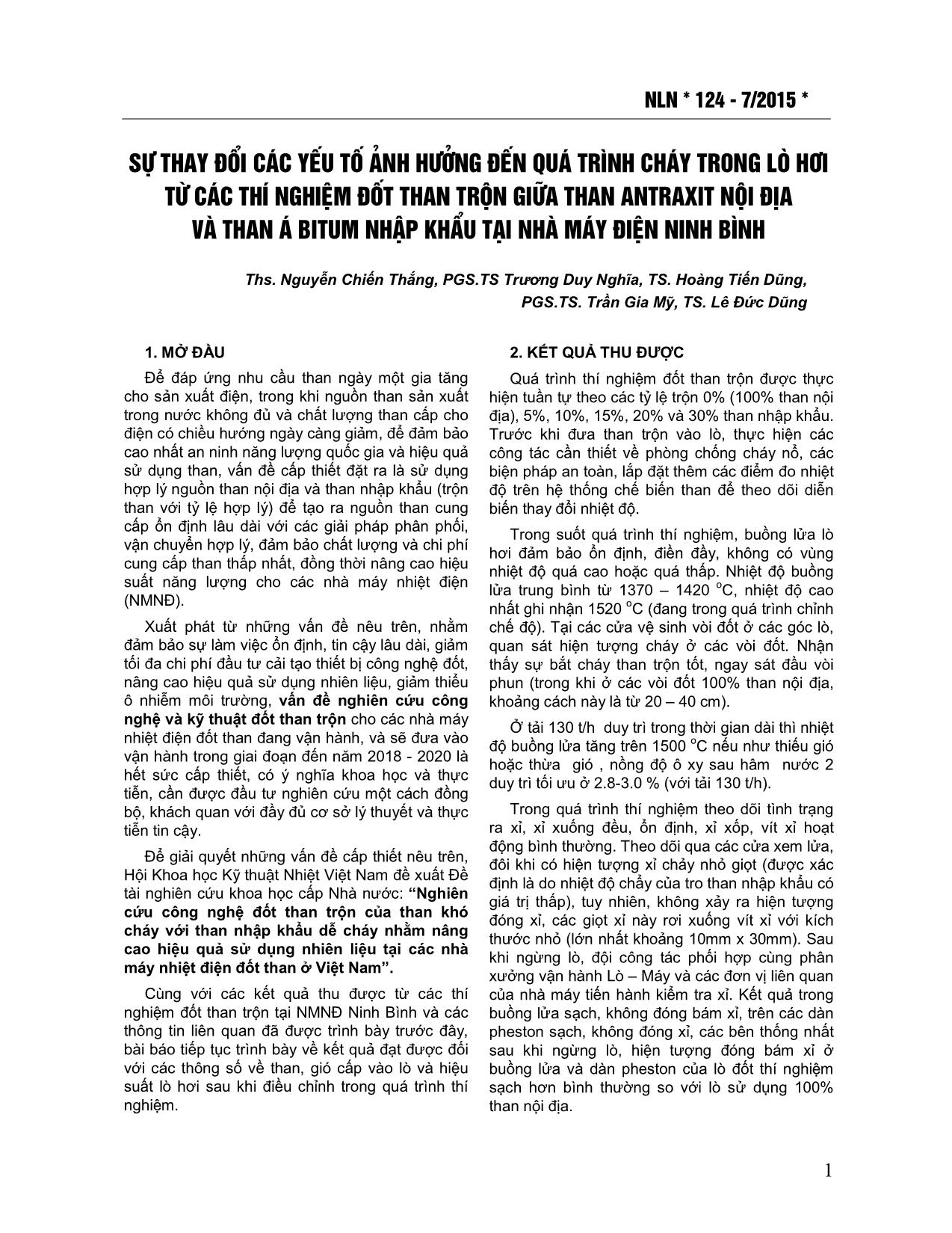 Sự thay đổi các yếu tố ảnh hưởng đến quá trình cháy trong lò hơi từ các thí nghiệm đốt than trộn giữa than antraxit nội địa và than á bitum nhập khẩu tại nhà máy điện Ninh Bình trang 1