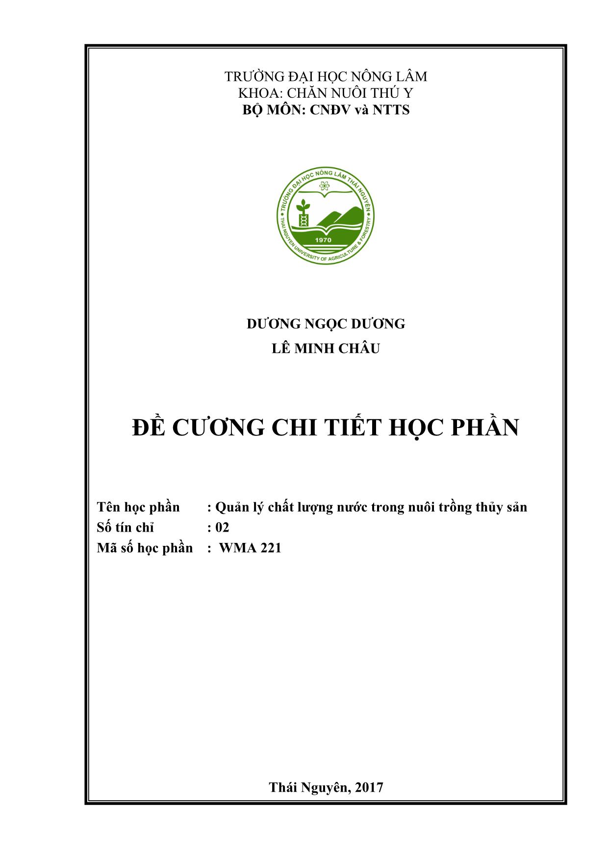 Đề cương chi tiết học phần Quản lý chất lượng nước trong nuôi trồng thủy sản trang 1