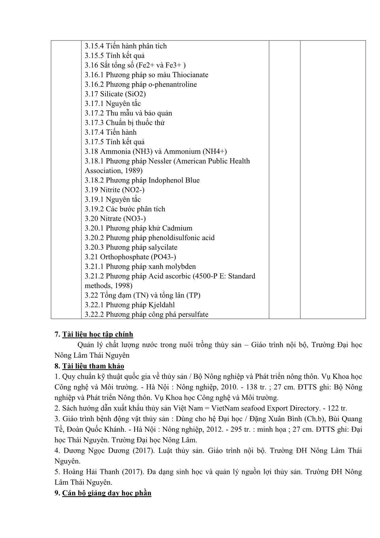 Đề cương chi tiết học phần Quản lý chất lượng nước trong nuôi trồng thủy sản trang 9