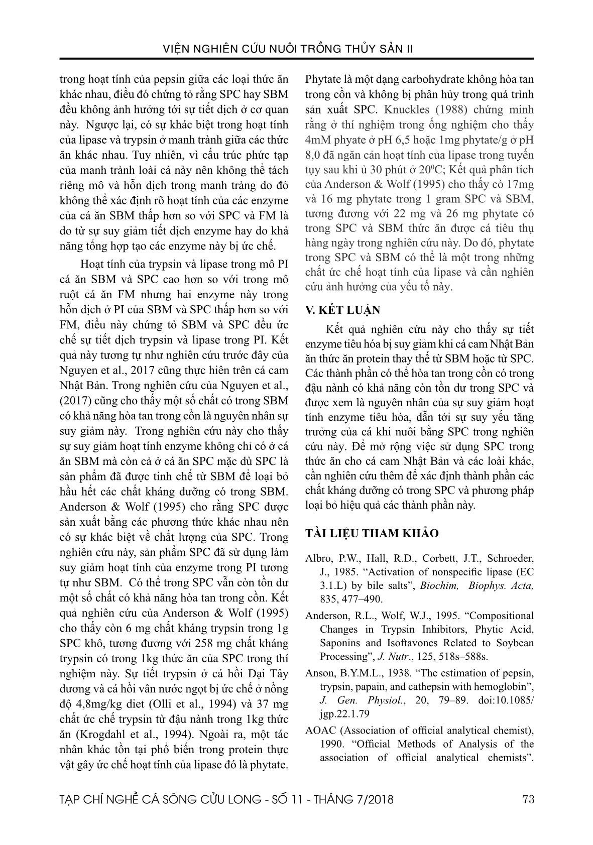 Ảnh hưởng của Soy protein concentrate (SPC) tới enzyme tiêu hóa của cá cam Nhật Bản (Seriola quinqueradiata Temminck & Schlegel, 1845) trang 7